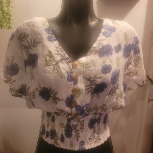 George White and Blue Floral Short Sleeve Blouse M